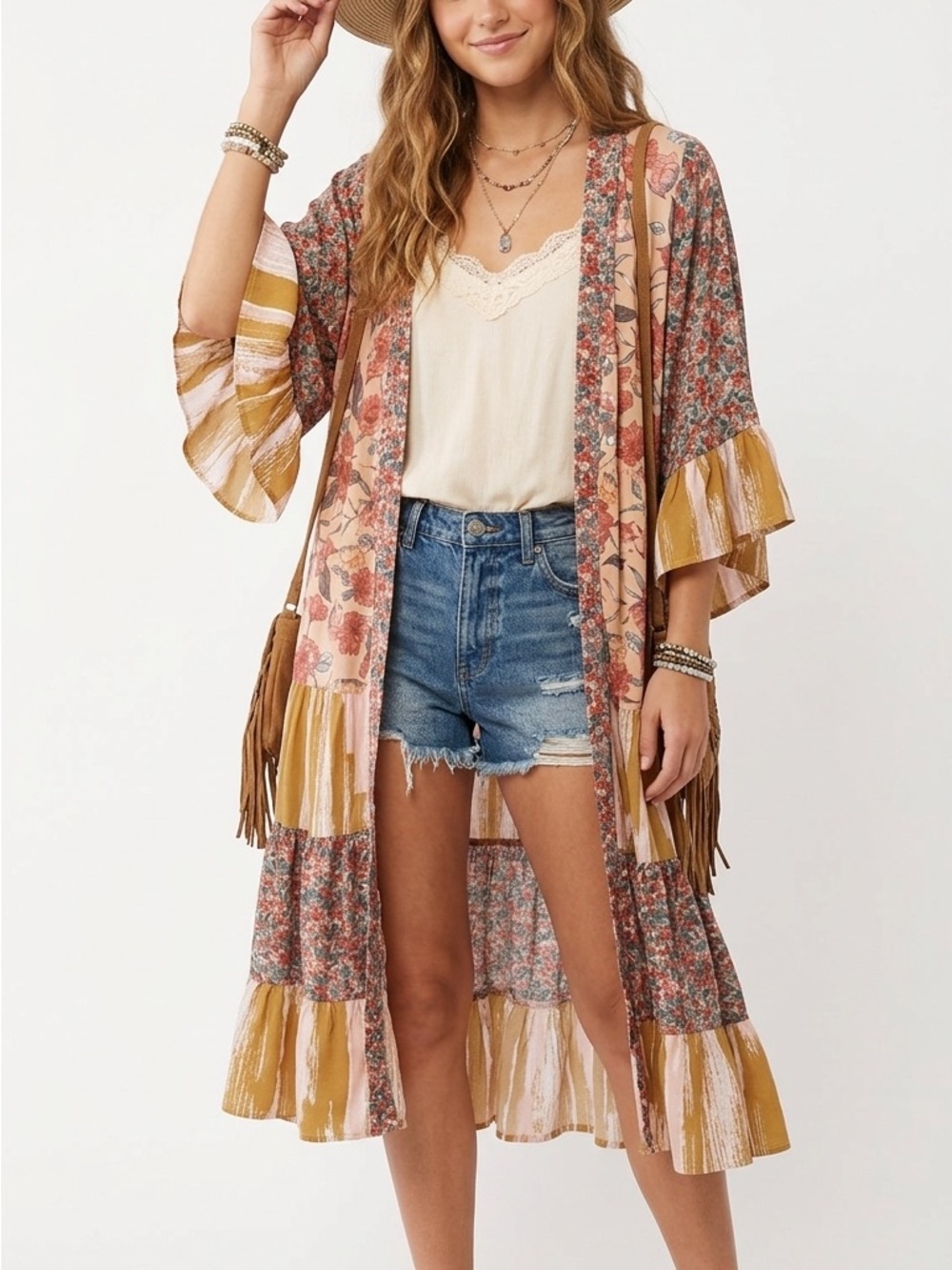 Floral Boho Kimono Cardigan in Pink and Mustard